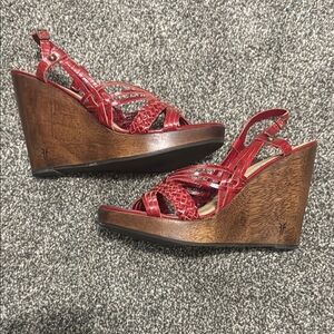 Frye Wooden Red Wedge Genuine Leather Sandals 9.5